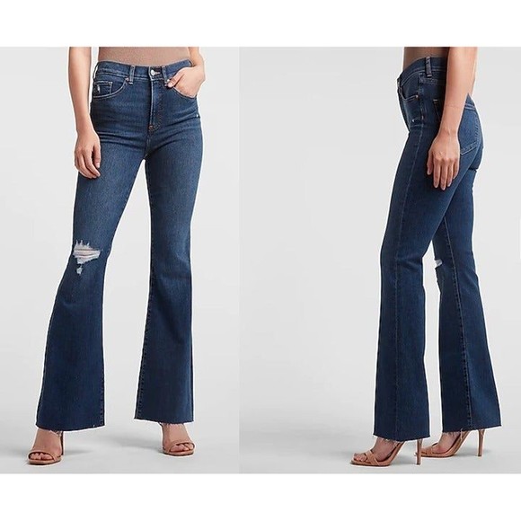 EXPRESS High Rise Flare Supersoft Ripped Knee Raw Hem Bell Bottom Stretch Jeans - Picture 3 of 11